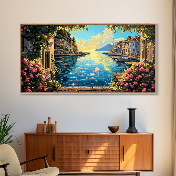 Mediterranean Flower Harbor Wall Art, Sunny Coastal Village Canvas Print, Lake Como Decor, Living Room Wall Art Gift For Her