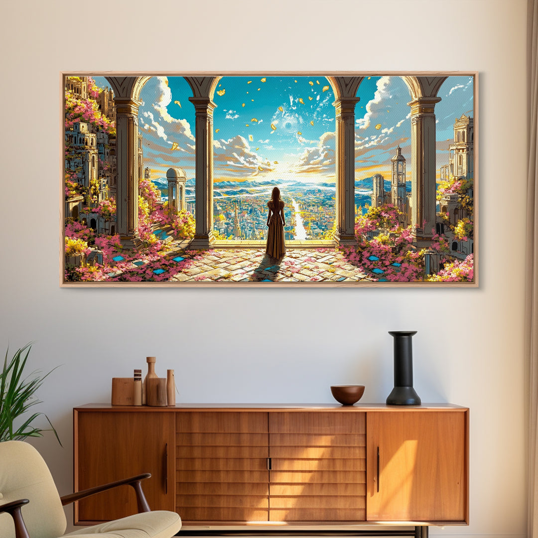 Arched Terrace Fantasy City Wall Art, Woman Over Sunlit Kingdom Framed Canvas Print, Maximalist Decor, Statement Artwork