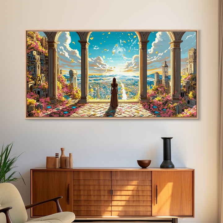 Arched Terrace Fantasy City Wall Art, Woman Over Sunlit Kingdom Framed Canvas Print, Maximalist Decor, Statement Artwork