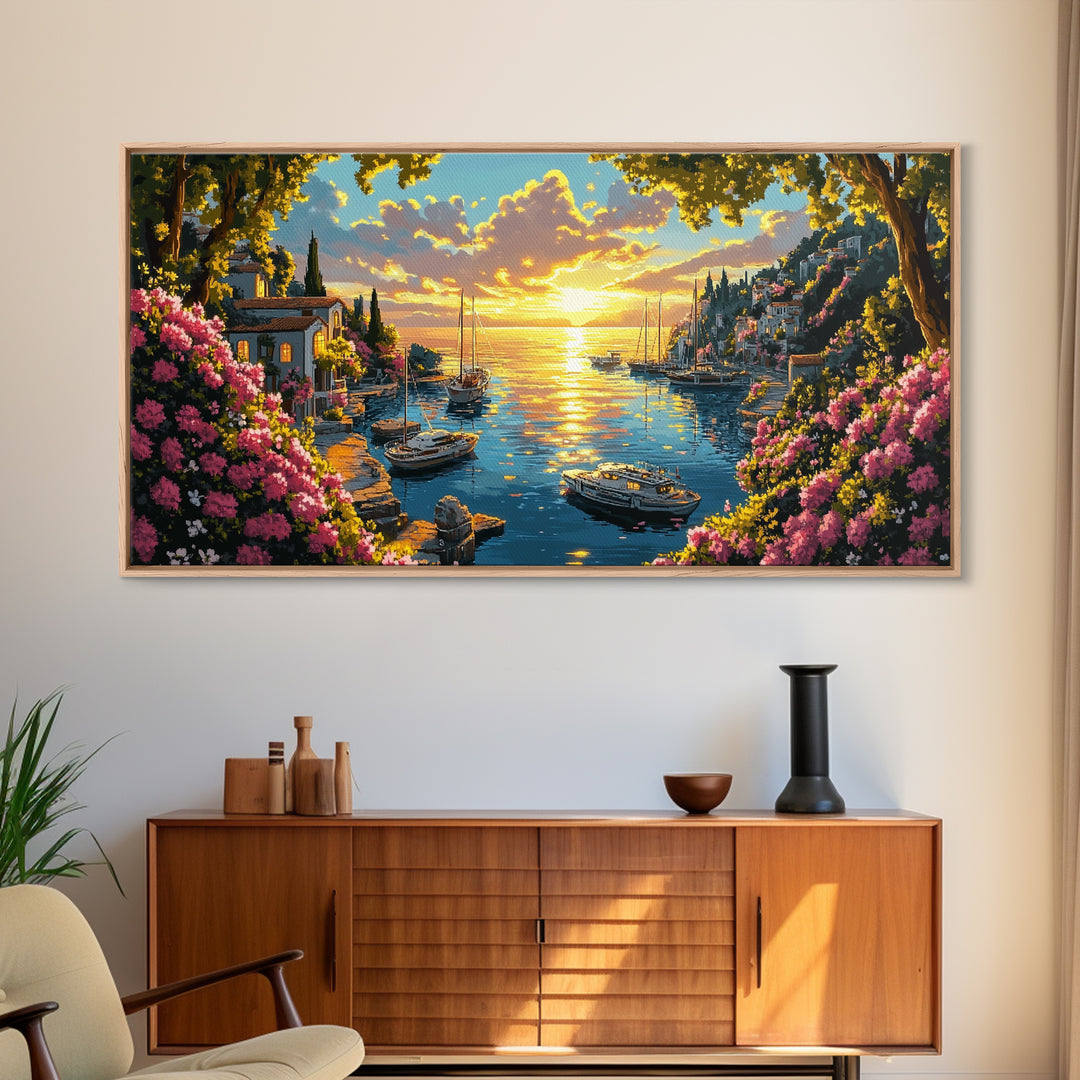 Golden Amalfi Harbor Sunset Wall Art, Coastal Village Seascape Canvas Print, Mediterranean Decor, Above Sofa Wall Art Gift