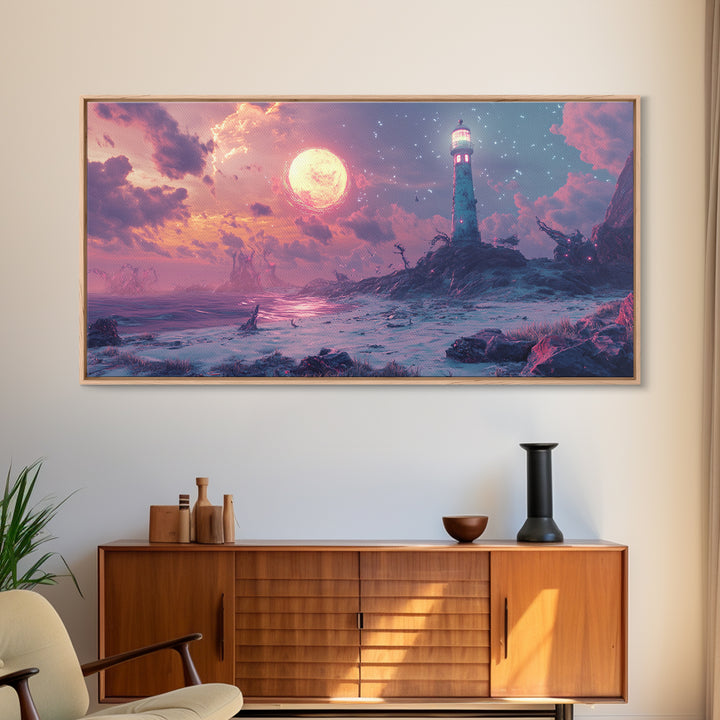 Pink Moon Lighthouse Seascape Wall Art, Fantasy Coastal Canvas Print, Moody Ocean Decor, Celestial Wall Art For Bedroom Decor