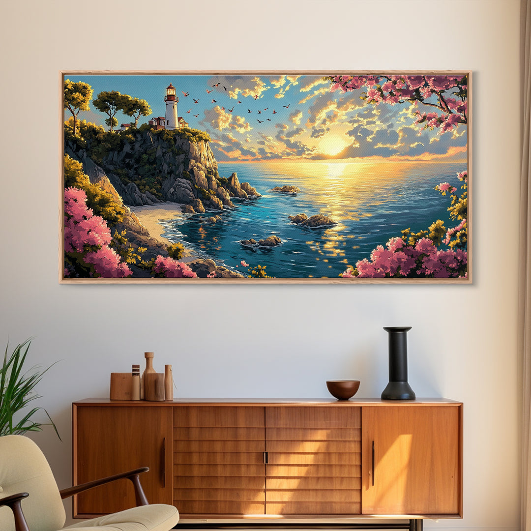 Sunlit Lighthouse Cliff Wall Art, Coastal Ocean Seascape Canvas Print, Beach House Decor, Nautical Wall Art Gift For Her