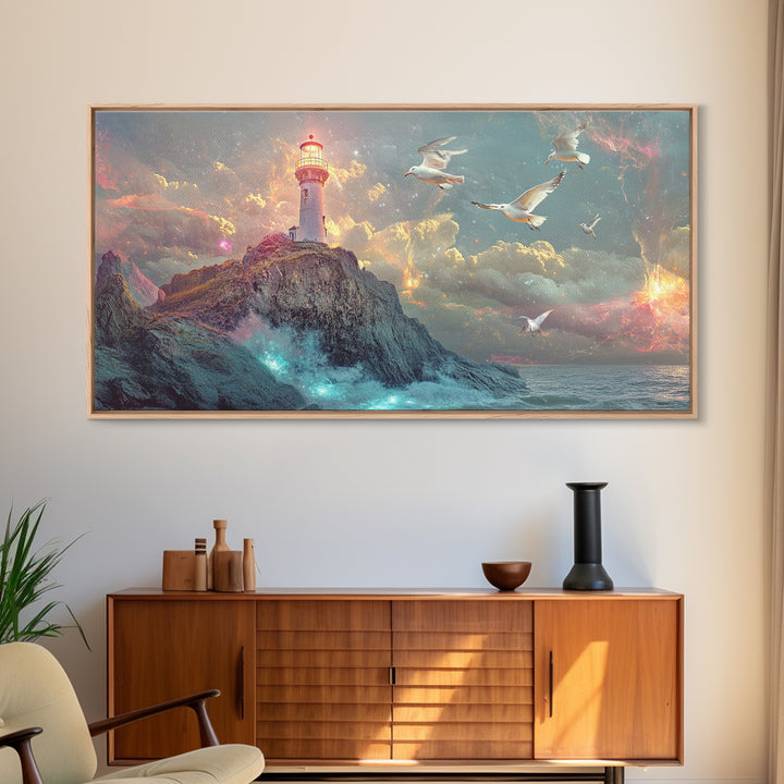Stormy Lighthouse On Rocky Cliff Wall Art, Dramatic Seascape Framed Canvas Print, Nautical Decor, Coastal Wall Art Gift For Him