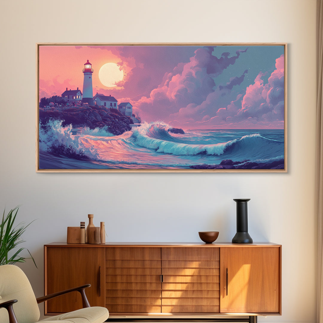Pastel Moon Lighthouse Wave Wall Art, Dreamy Coastal Seascape Canvas Print, Beach House Decor, Pink Ocean Wall Art Gift For Her