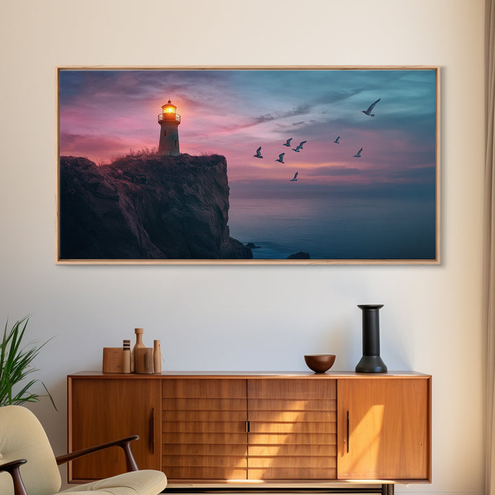 Twilight Lighthouse Cliff Wall Art, Moody Ocean Seascape Canvas Print, Nautical Office Decor, Coastal Wall Art Gift For Him