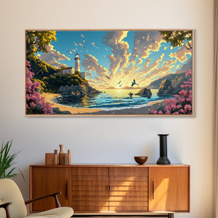 Sunlit Lighthouse Cove With Pink Flowers Canvas Print, Coastal Wall Art, Ocean Seascape, Beach House Decor Gift For Living Room Decor