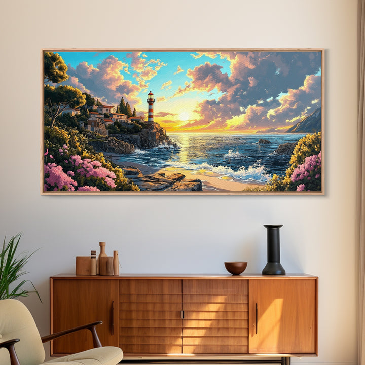 Striped Lighthouse Village At Golden Sunset Framed Canvas Print, Coastal Wall Art, Ocean Painting, Beach House Decor Gift