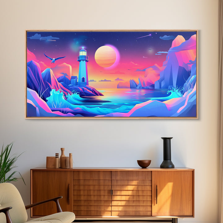 Neon Iceberg Lighthouse Under Giant Moon Canvas Print, Futuristic Wall Art, Cyberpunk Decor, Sci Fi Ocean Landscape Poster