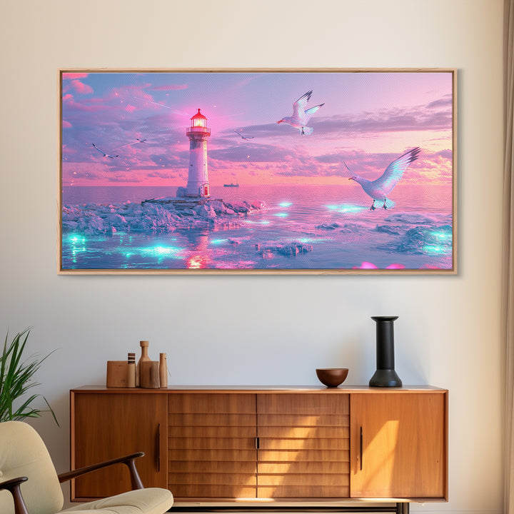 Pastel Pink Lighthouse On Glowing Sea Canvas Print, Coastal Wall Art, Dreamy Seascape, Beach Decor For Bedroom Wall Decor