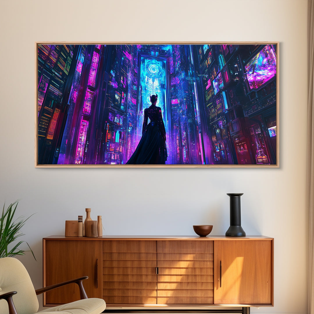 Silhouetted Woman In Neon Cyberpunk City Canvas Print, Futuristic Wall Art, Sci Fi Decor, Gaming Room Statement Art Poster
