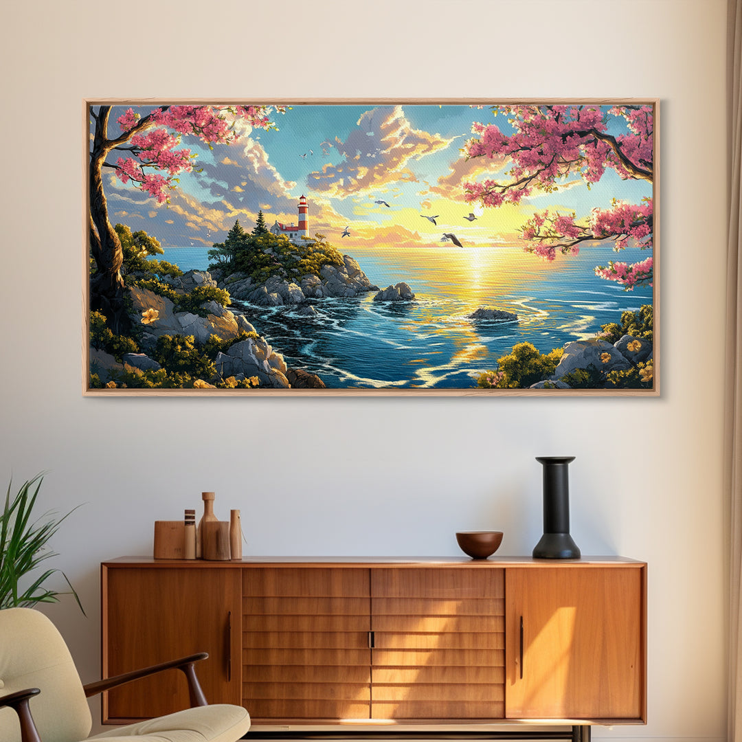 Cherry Blossom Lighthouse Over Golden Sea Framed Canvas Print, Coastal Wall Art, Spring Decor, Ocean Landscape Art Gift Idea