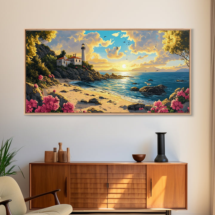 Rocky Beach Lighthouse At Warm Sunset Canvas Print, Coastal Wall Art, Ocean Seascape, Beach House Living Room Decor Gift