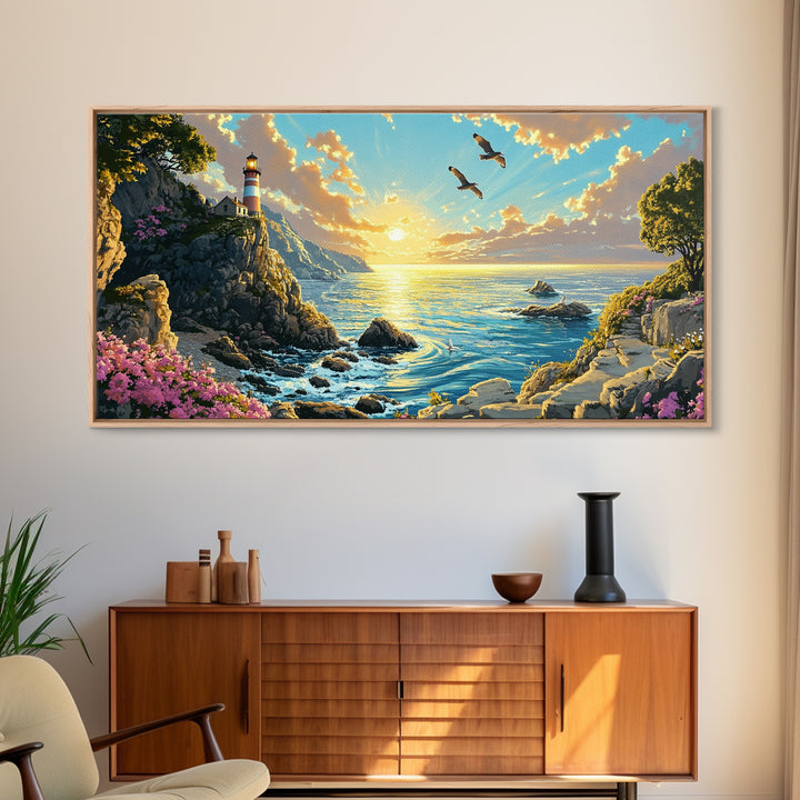 Clifftop Lighthouse Path With Seagulls Framed Canvas Print, Coastal Wall Art, Panoramic Ocean Art, Beach House Decor Gift