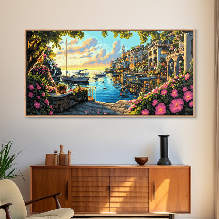 Flower Filled Mediterranean Marina At Sunset Canvas Print, Coastal Wall Art, Italy Decor, Canal Village Landscape Print Gift