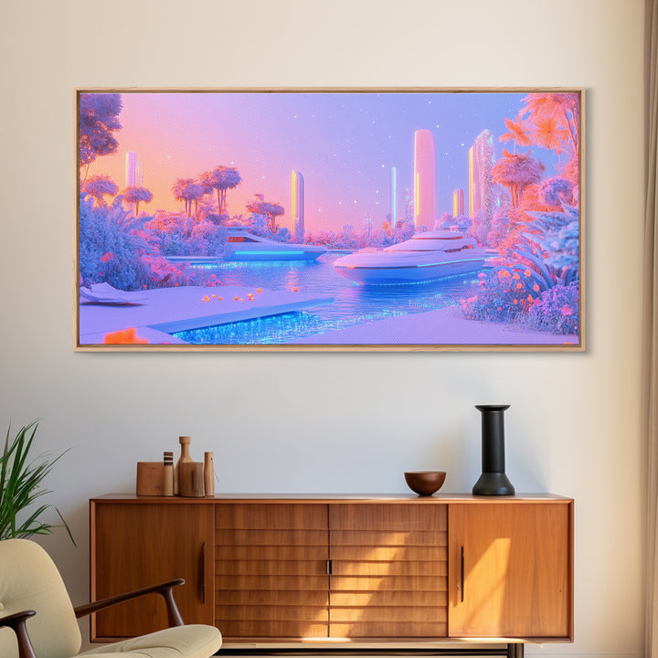 Pastel Futuristic Yacht Canal With Pink Palms Canvas Print, Sci Fi Wall Art, Vaporwave Decor, Dreamy Coastal Poster For Bedroom