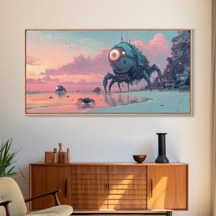 Robot Crab Beach Sunset Wall Art, Sci Fi Coastal Canvas, Futuristic Ocean Decor, Cyberpunk Seascape Print, Gamer Gift For Him