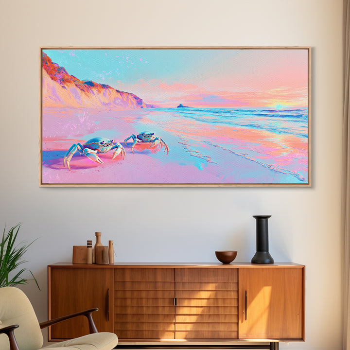 Pastel Crabs On Pink Beach Canvas Print, Coastal Wall Decor, Ocean Sunset Art, Tropical Nursery Decor, Beach House Gift For Her