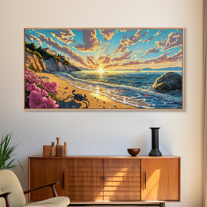 Golden Coastal Sunset With Crab Wall Art, Mediterranean Beach House Decor, Ocean Seascape Print, Living Room Canvas Art Gift
