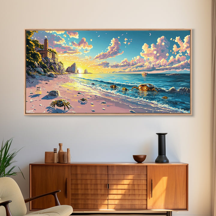 Sunlit Lighthouse Cove And Robot Crab Canvas Print, Coastal Sci Fi Wall Decor, Ocean Beach Art, Futuristic Nautical Gift