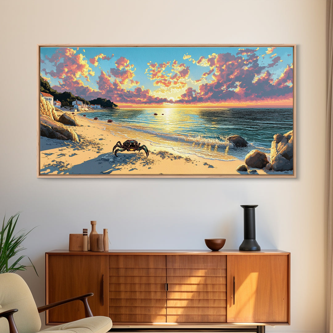 Crab On Golden Beach At Sunset Wall Art, Coastal Seascape Print, Ocean House Decor, Tropical Living Room Canvas Gift For Her