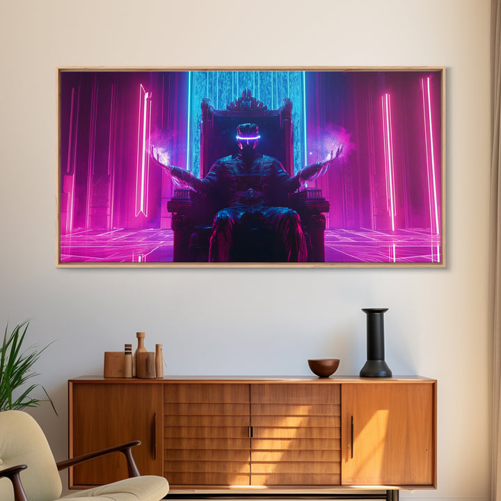 Neon Cyberpunk King On Throne Framed Canvas Print, Futuristic Wall Art, Sci Fi Gaming Room Decor, Dark Fantasy Gift For Him