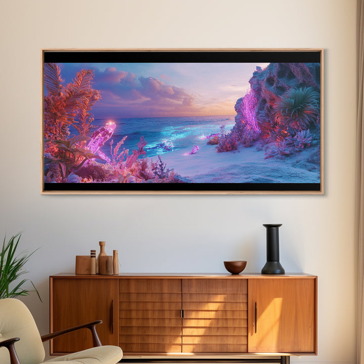 Neon Fantasy Beach With Glowing Coral Canvas Print, Tropical Ocean Wall Art, Cyberpunk Coastal Decor, Ethereal Seascape Print