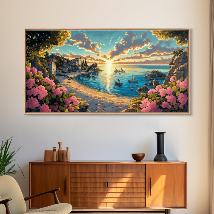 Italian Coastal Village Sunrise Wall Art, Mediterranean Cove Canvas, Beach House Decor, Panoramic Seascape Living Room Print