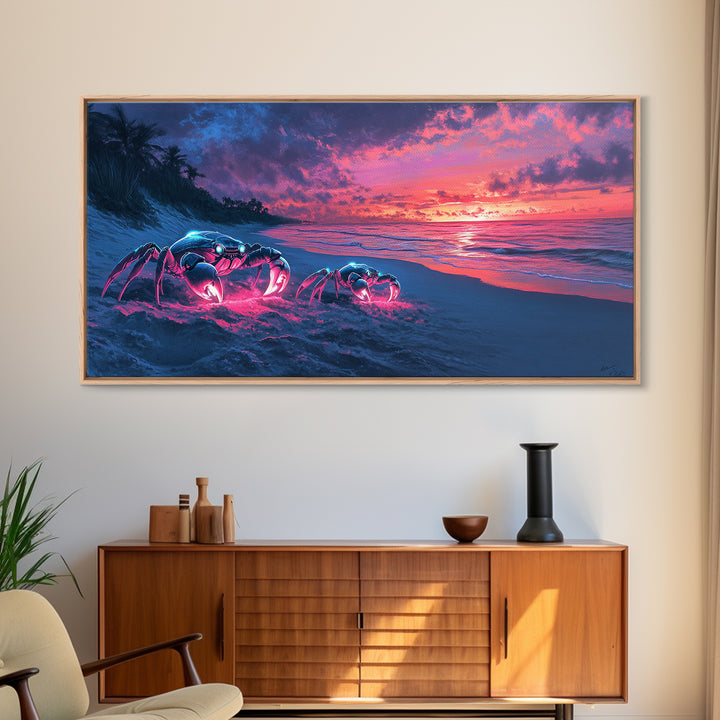Glowing Neon Crabs On Twilight Beach Canvas Print, Cyberpunk Ocean Wall Art, Tropical Coastal Decor, Sci Fi Seascape Gift