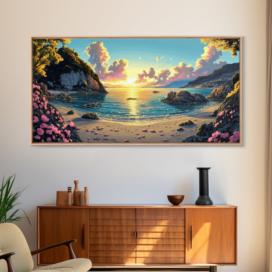 Mountain Cove Sunset With Pink Flowers Wall Art, Coastal Lake Canvas Print, Nature Landscape Decor, Serene Beach House Gift
