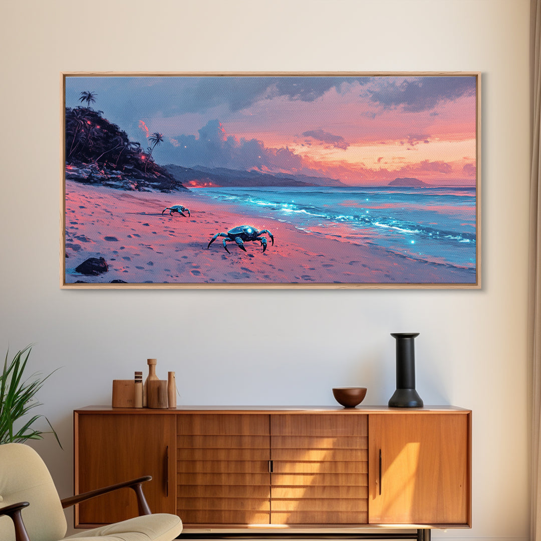 Bioluminescent Crab Beach At Pink Sunset Canvas Print, Coastal Wall Art, Ocean Decor, Beach House Gift, Fantasy Seascape