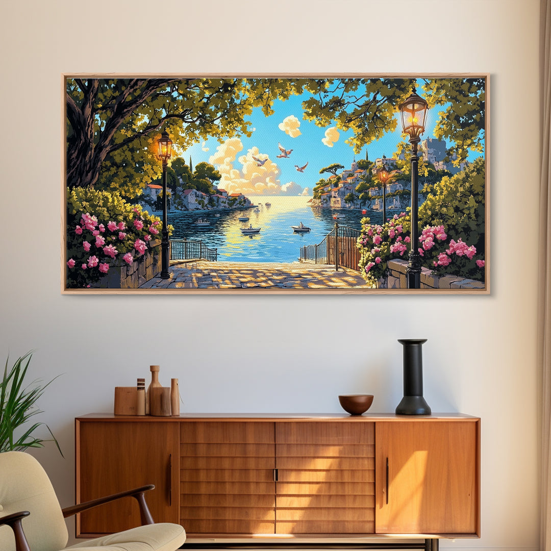 Sunny Mediterranean Harbor With Flowers And Lamps Wall Art, Coastal Canvas Print, Italian Decor, Living Room Wall Decor Gift