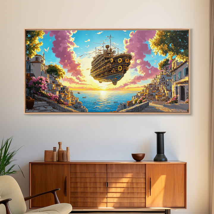 Floating Steampunk Ship Above White Coastal Village Canvas Print, Fantasy Wall Art, Mediterranean Decor, Travel Poster Gift