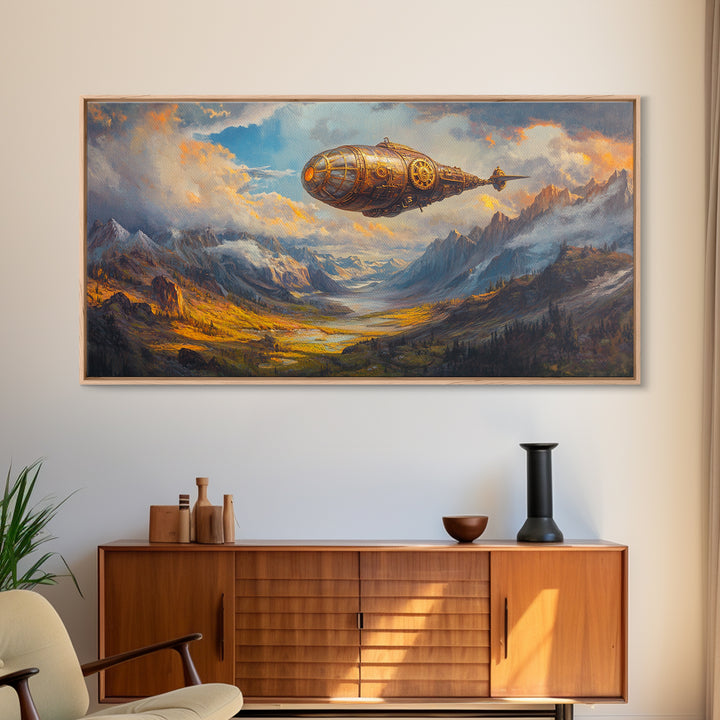 Golden Steampunk Airship Over Snowy Mountain Valley Canvas Print, Fantasy Wall Art, Moody Landscape Art, Office Decor Gift