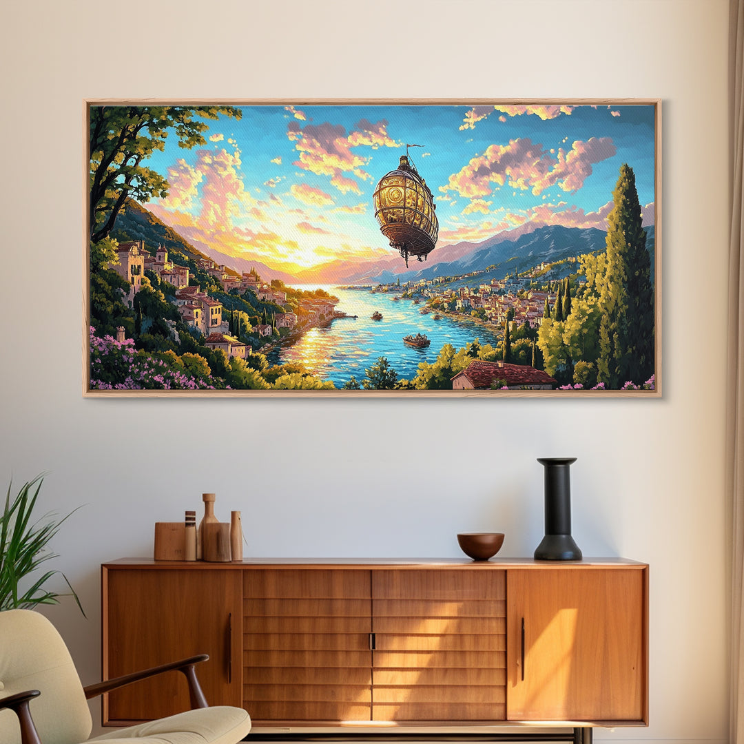 Ornate Airship Over Lake Como Sunset Framed Canvas Print, Italian Wall Art, Mediterranean Decor, Romantic Travel Poster Gift