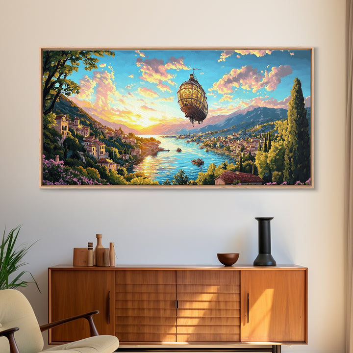 Ornate Airship Over Lake Como Sunset Framed Canvas Print, Italian Wall Art, Mediterranean Decor, Romantic Travel Poster Gift