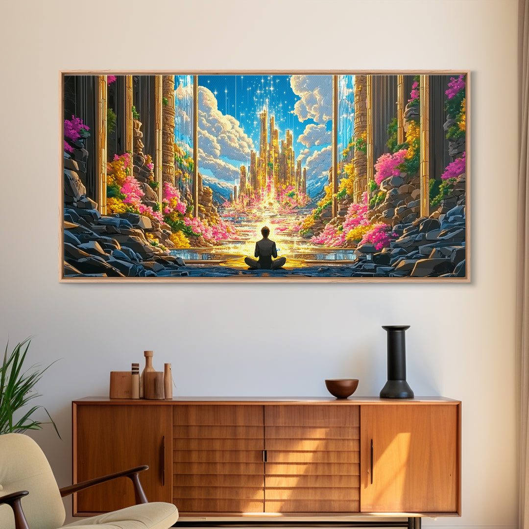 Meditating Figure Before Golden Celestial City Canvas Print, Fantasy Wall Art, Spiritual Decor, Meditation Room Art Gift