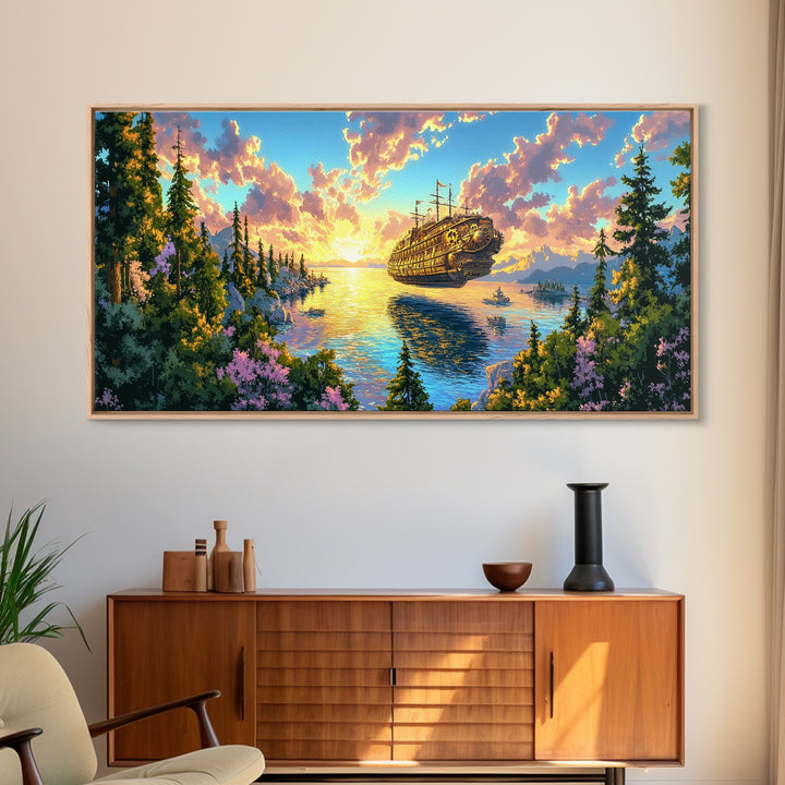Steampunk Airship Over Sunset Forest Lake Framed Canvas Print, Fantasy Wall Art, Nature Decor, Cabin Living Room Art Gift