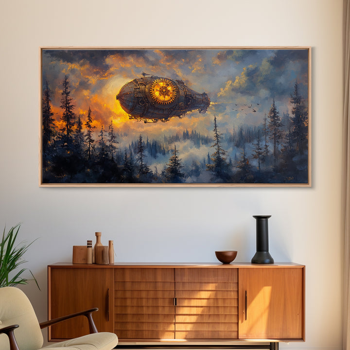 Moody Steampunk Airship Above Misty Pine Forest Canvas Print, Dark Fantasy Wall Art, Industrial Decor, Masculine Office Art