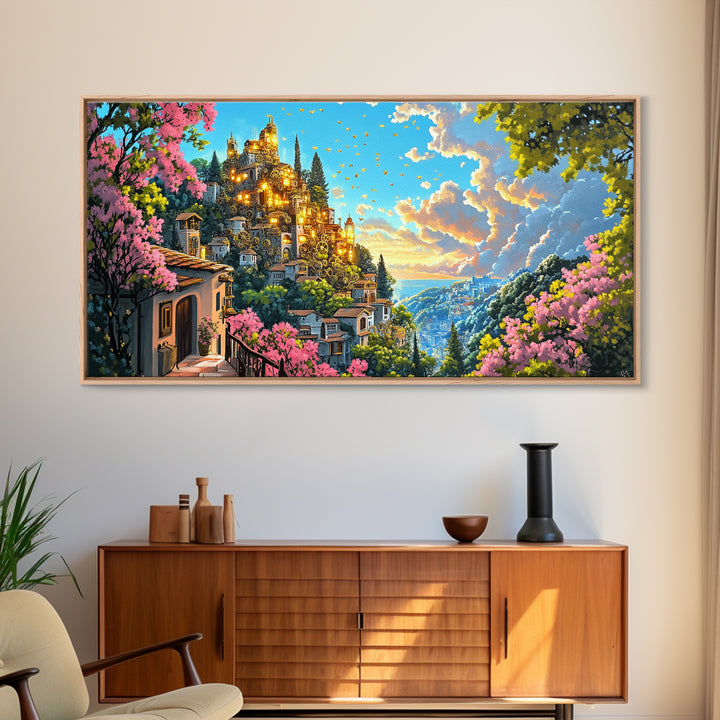 Golden Hilltop Castle With Pink Blossoms And Blue Valley Wall Art, Fantasy Canvas Print, Mediterranean Decor, Maximalist Art Gift