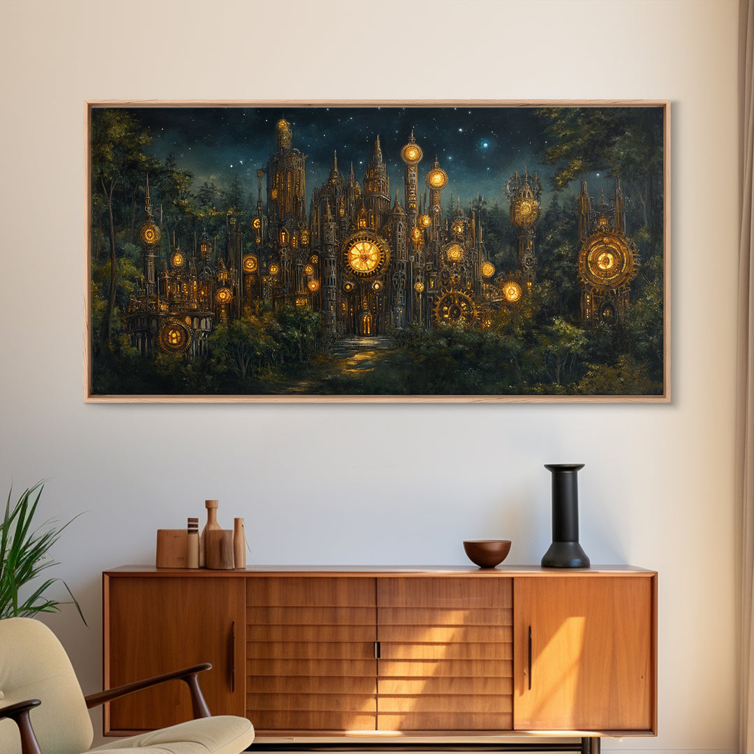 Clockwork Cathedral In Starry Forest Wall Art, Steampunk Fantasy City Canvas, Gothic Celestial Decor, Moody Office Print