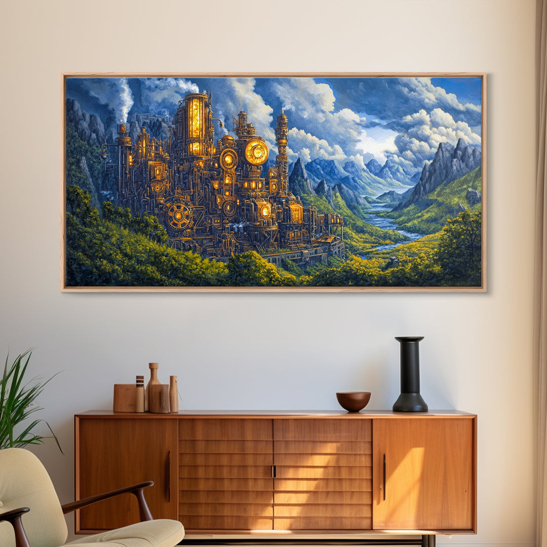 Steampunk Mountain Fortress Canvas Print, Industrial Fantasy Landscape Art, River Valley Wall Decor, Adventure Home Decor