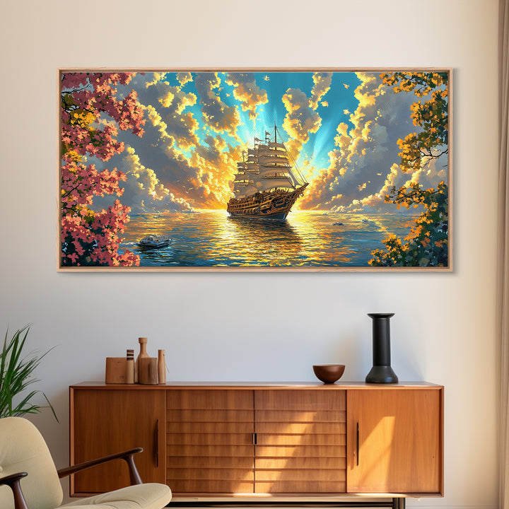 Golden Sailing Ship Canvas Print, Sunset Ocean Seascape Wall Art, Nautical Coastal Decor, Romantic Beach House Living Room Art