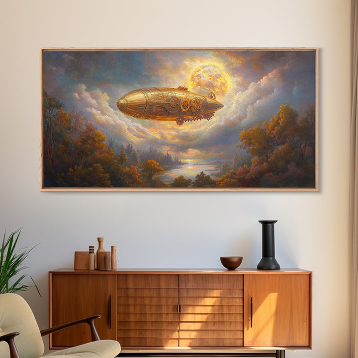 Golden Steampunk Airship Framed Canvas Print, Autumn River Landscape Wall Art, Celestial Moon Decor, Fantasy Office Art Print