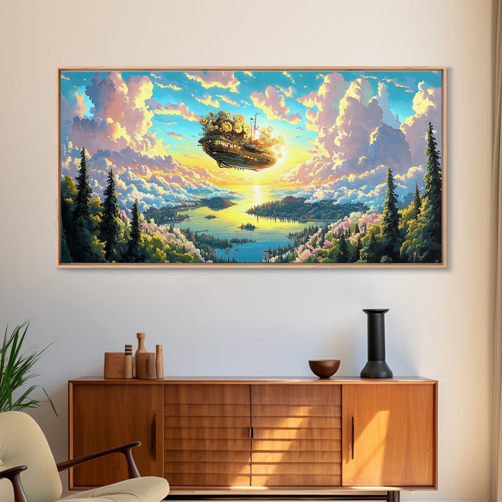 Floating Clockwork Island Canvas Print, Dreamy Lake Sunrise Wall Art, Pastel Cloud Fantasy Decor, Whimsical Home Decor Art