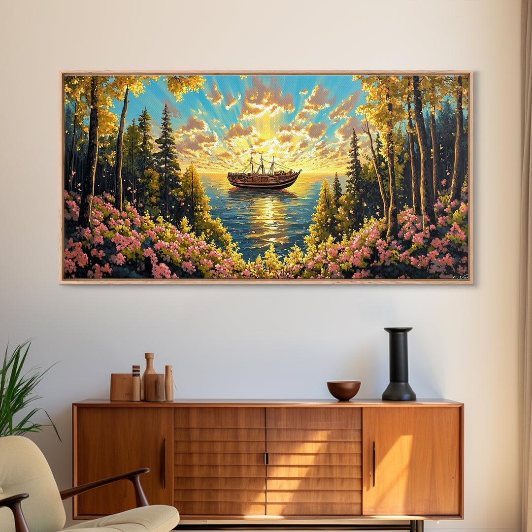 Sunset Boat On Forest Lake Wall Art, Wildflower Coastal Landscape Canvas Print, Rustic Nature Home Decor, Cozy Cabin Art