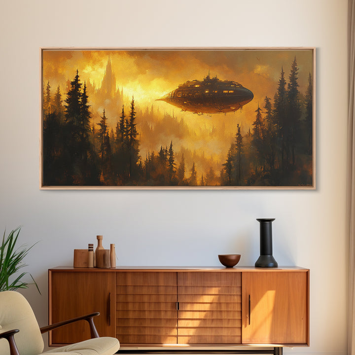 Golden Airship Over Pine Forest Wall Art, Dark Fantasy Castle Canvas Print, Moody Steampunk Landscape, Gothic Home Decor
