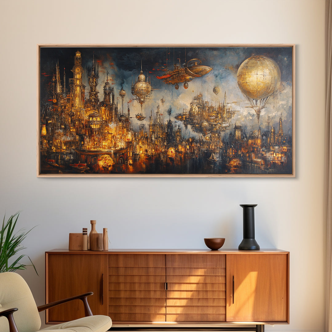 Steampunk Fantasy City With Airships Framed Canvas Print, Futuristic Wall Art, Dark Sci Fi Decor, Large Gothic Skyline Art