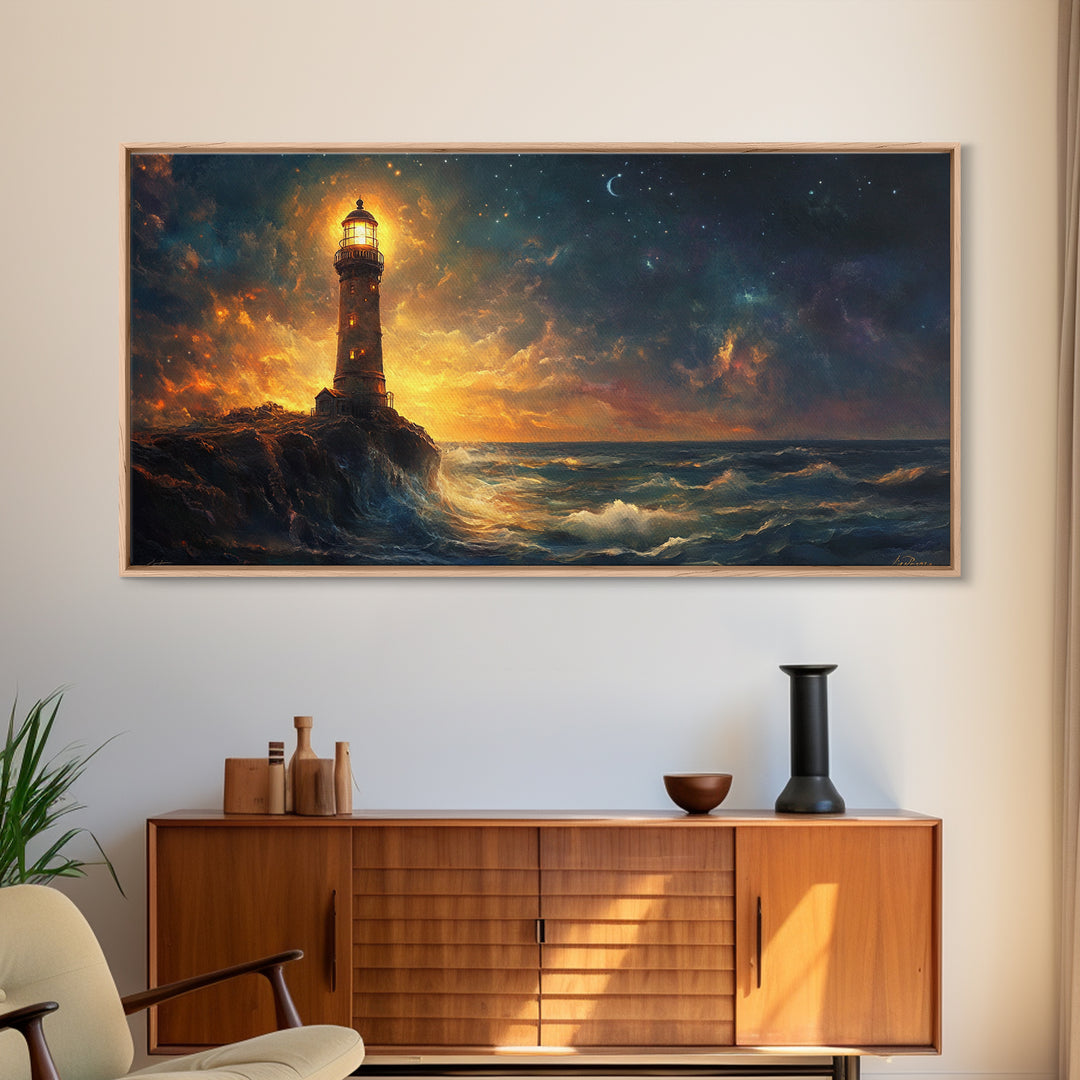 Stormy Lighthouse At Night Framed Canvas Print, Moody Seascape Wall Art, Coastal Decor, Ocean Painting, Gift For Him, Office Decor