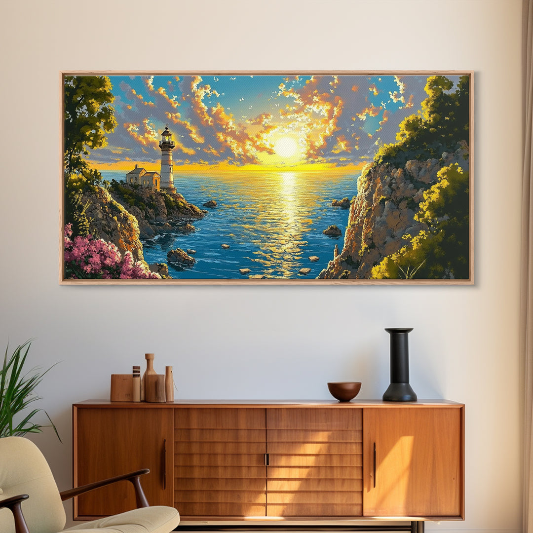 Golden Coastal Cove Lighthouse Canvas Print, Beach Wall Art, Ocean Sunset Painting, Nautical Decor, Living Room Wall Art