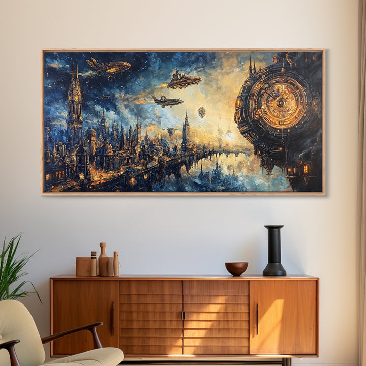 Sci Fi Clockwork City With Airships Framed Canvas Print, Futuristic Wall Art, Space Decor, Cyberpunk Cityscape Art, Large Wall Art